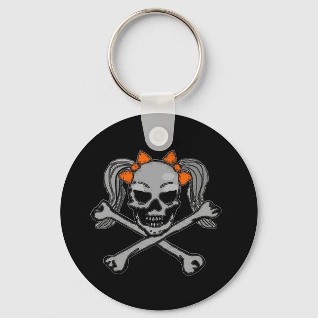Ponytail skull w/ orange bows key ring (Front)