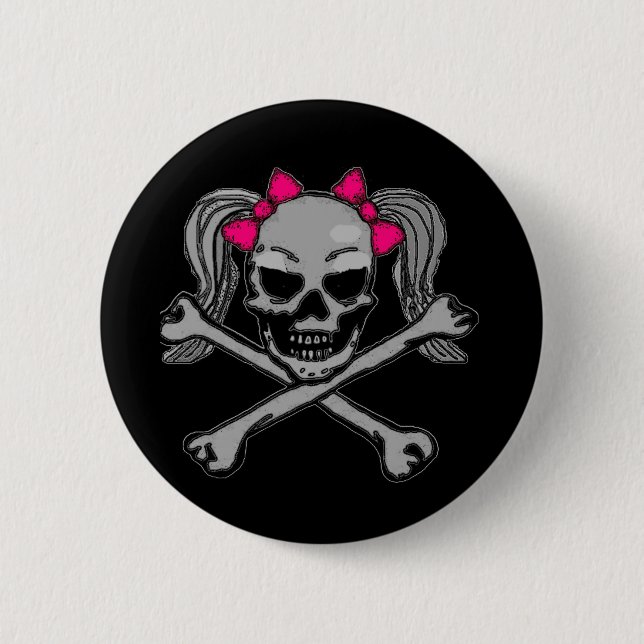 Ponytail skull w/ pink bows 6 cm round badge (Front)