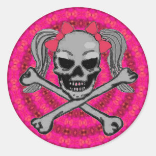 Ponytail skull w/ pink bows classic round sticker