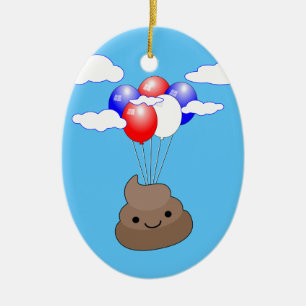 Poo Emoji Flying With Balloons In Blue Sky Ceramic Tree Decoration