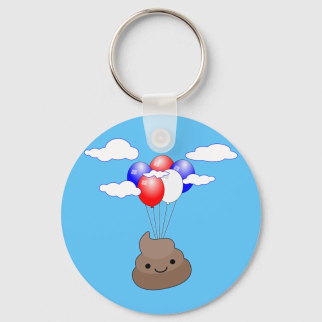Poo Emoji Flying With Balloons In Blue Sky Key Ring (Front)