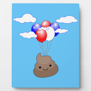 Poo Emoji Flying With Balloons In Blue Sky Plaque