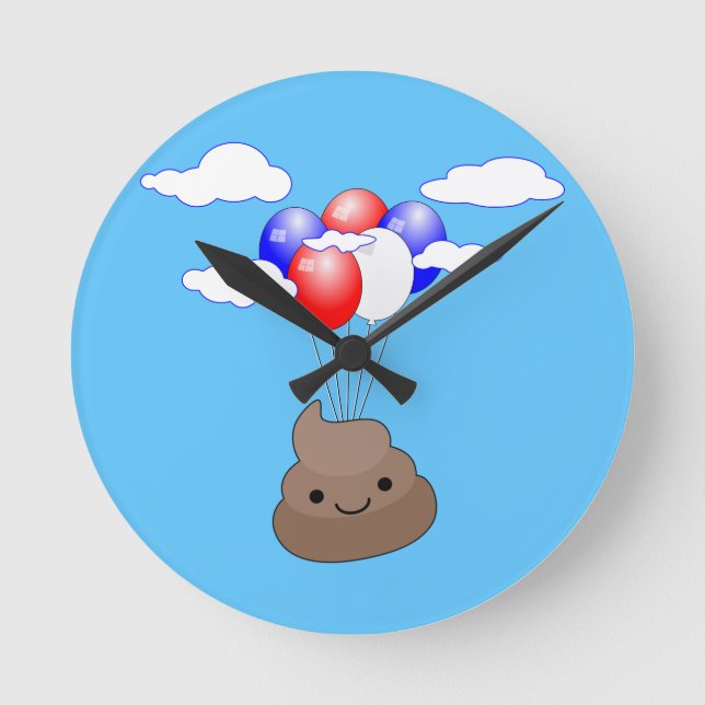 Poo Emoji Flying With Balloons In Blue Sky Round Clock (Front)