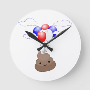 Poo Emoji Flying With Balloons Round Clock