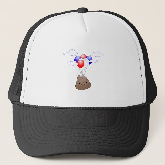 Poo Emoji Flying With Balloons Trucker Hat (Front)