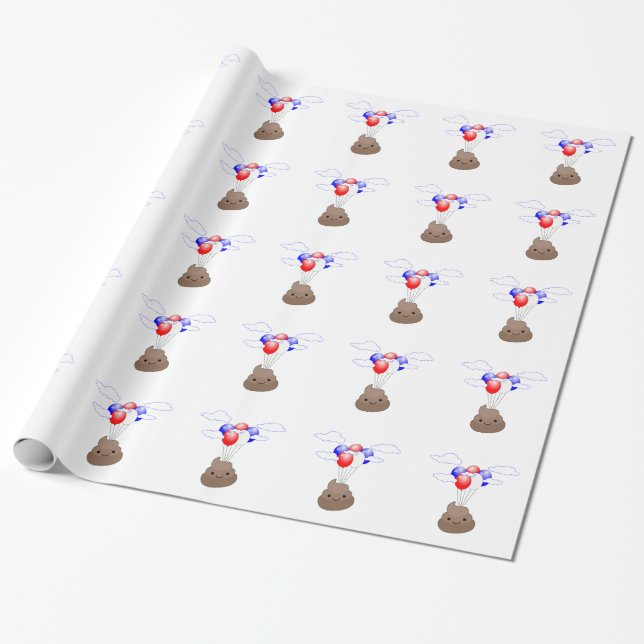 Poo Emoji Flying With Balloons Wrapping Paper (Unrolled)