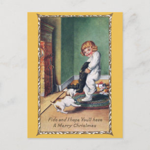 Pooch Fights For Fair Share of Xmas Loot Holiday Postcard