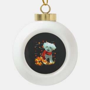 Poochon Fall Scarf - Dogs Autumn Leaves Ceramic Ball Christmas Ornament