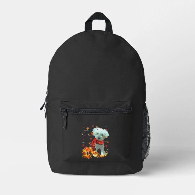 Poochon Fall Scarf - Dogs Autumn Leaves Printed Backpack (Front)