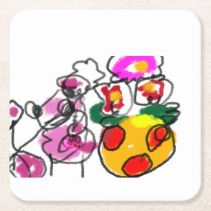 Poodle and flowers joy square paper coaster