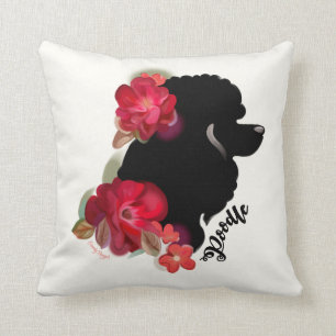 Poodle art pillow   red floral silhouette dog art
