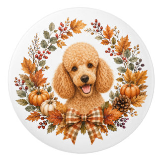 Poodle Autumn Wreath Ceramic Knob