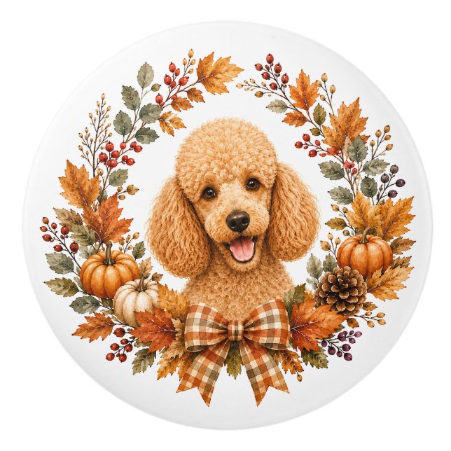 Poodle Autumn Wreath Ceramic Knob (Front)