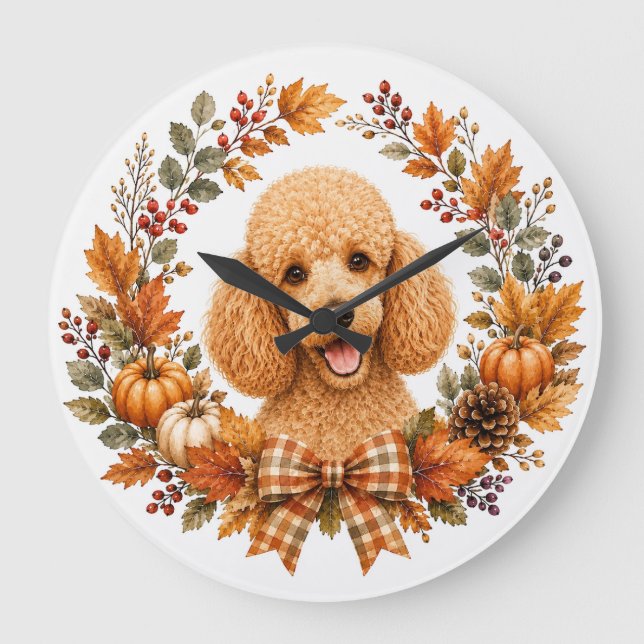 Poodle Autumn Wreath Large Clock (Front)
