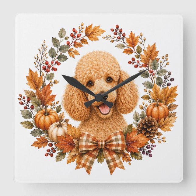 Poodle Autumn Wreath Square Wall Clock (Front)