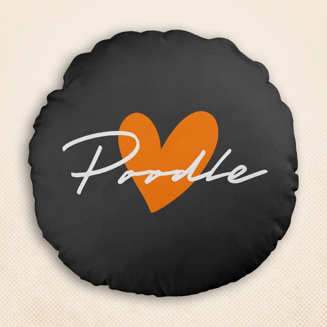Poodle Chic & Fancy Script Grey w/ Orange Heart Round Cushion (Poodle Chic & Fancy Script Grey w/ Orange Heart Round Pillow)