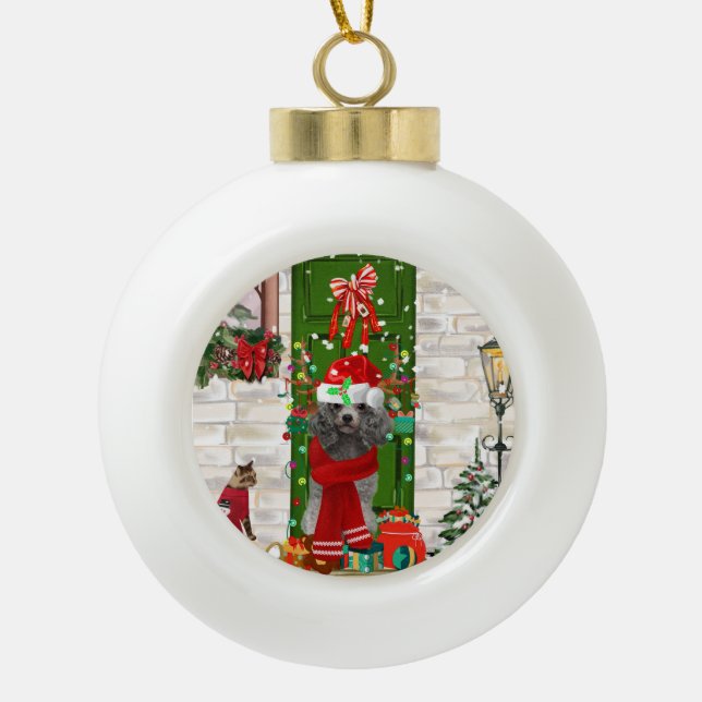 Poodle Christmas Ceramic Ball Christmas Ornament (Front)