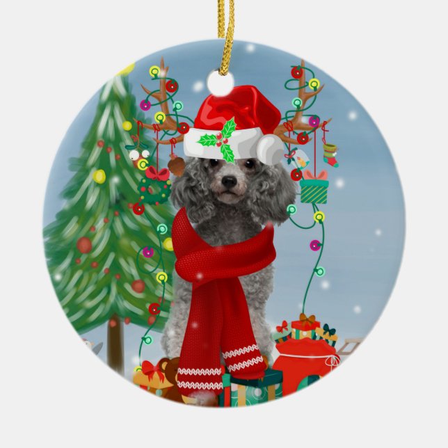 Poodle Christmas Ceramic Tree Decoration (Front)