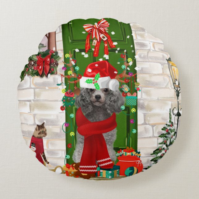 Poodle Christmas Round Cushion (Front)