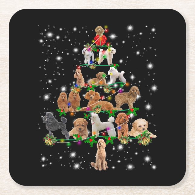 Poodle Christmas Tree Covered By Flashlight Square Paper Coaster (Front)