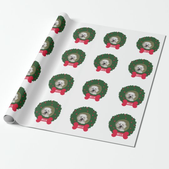 Poodle Christmas Wreath Dog's Photo, Name, Year Wrapping Paper