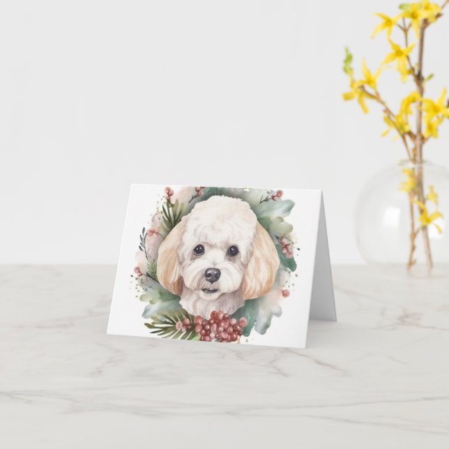 Poodle Christmas Wreath Festive Pup  Card (Yellow Flower)