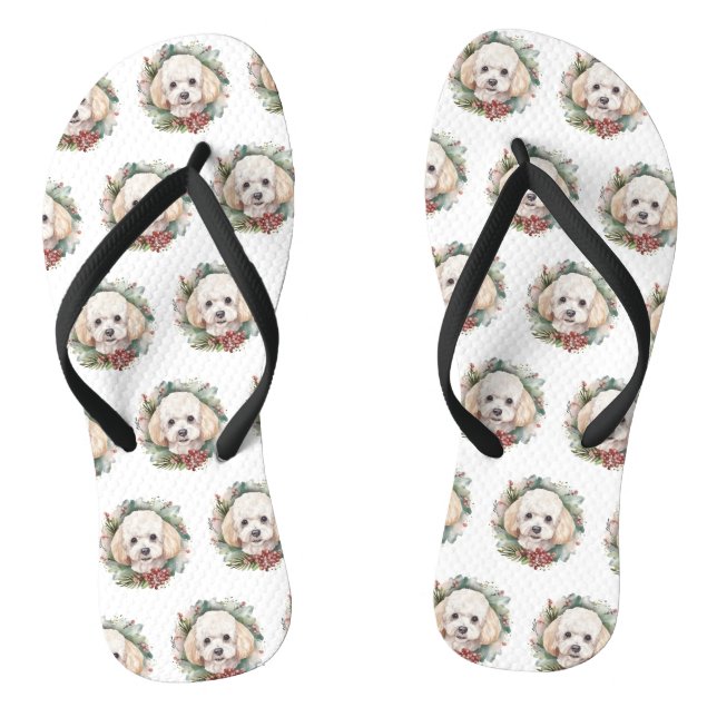 Poodle Christmas Wreath Festive Pup  Flip Flops (Footbed)