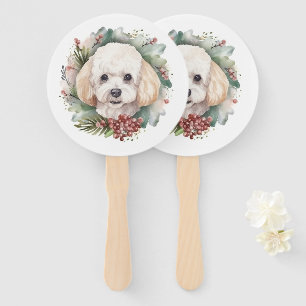 Poodle Christmas Wreath Festive Pup  Hand Fan