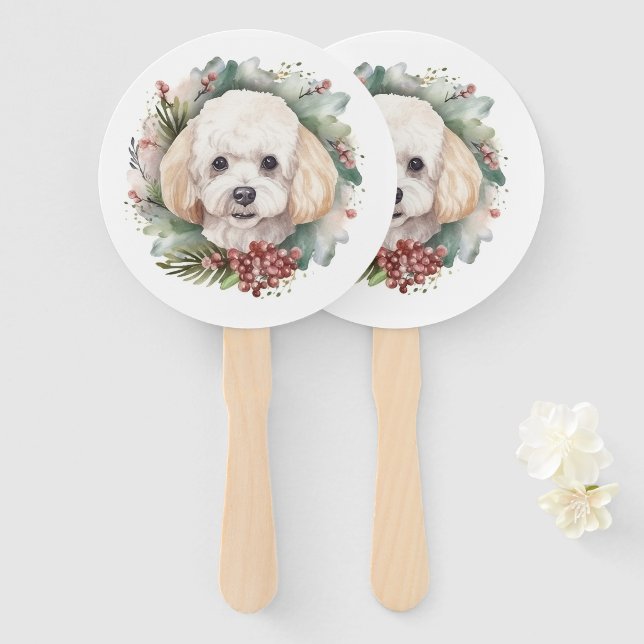 Poodle Christmas Wreath Festive Pup  Hand Fan (Front and Back)