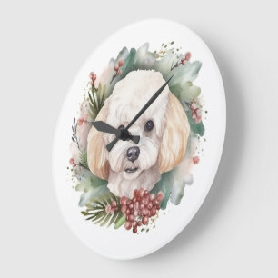 Poodle Christmas Wreath Festive Pup  Large Clock