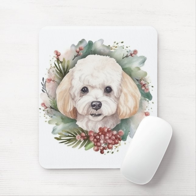 Poodle Christmas Wreath Festive Pup  Mouse Mat (With Mouse)