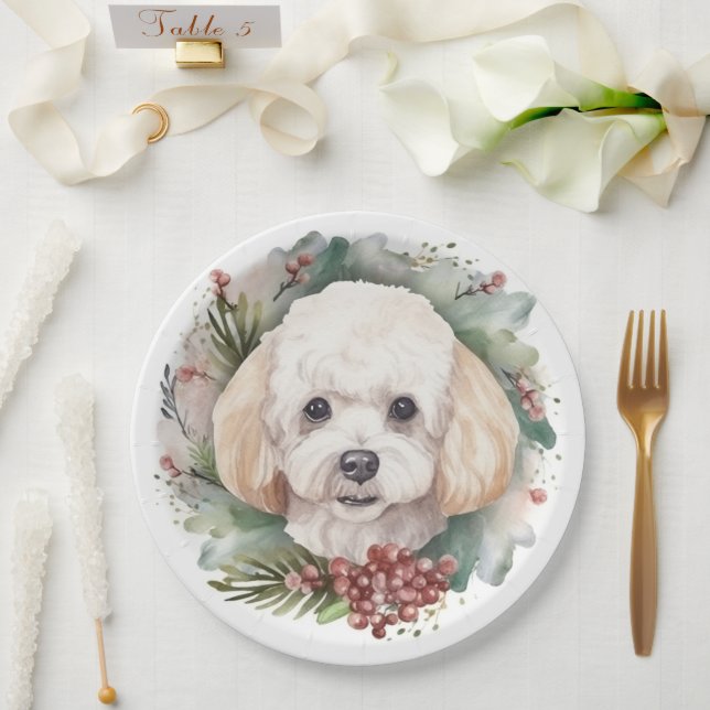 Poodle Christmas Wreath Festive Pup  Paper Plate (Wedding)