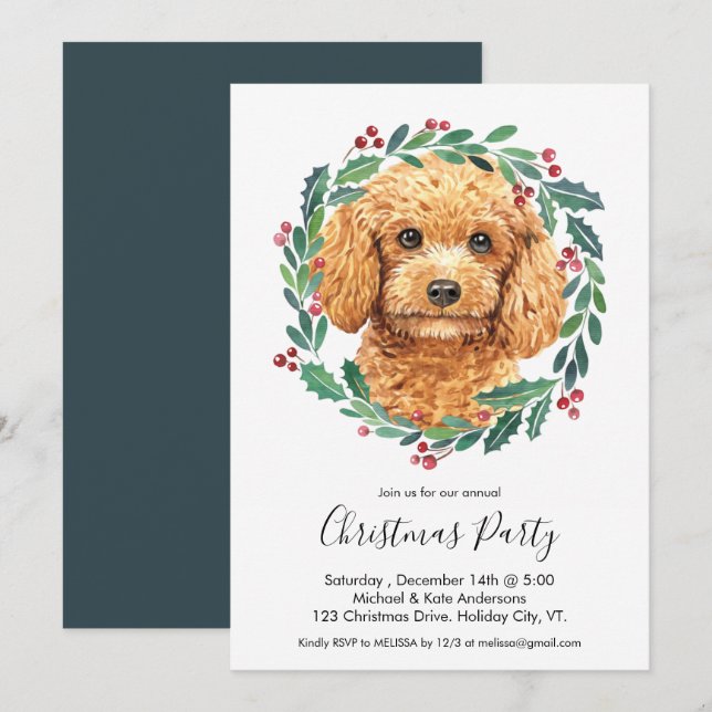 Poodle Cute Dog Elegant Wreath Christmas Party Invitation (Front/Back)