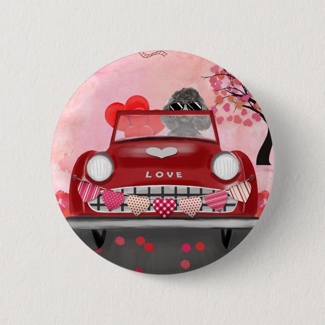 Poodle Dog Car with Hearts Valentine's   6 Cm Round Badge (Front)