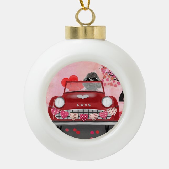 Poodle Dog Car with Hearts Valentine's  Ceramic Ball Christmas Ornament (Front)