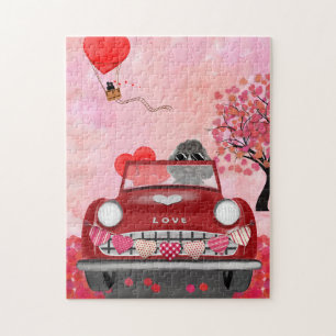 Poodle Dog Car with Hearts Valentine's Jigsaw Puzzle