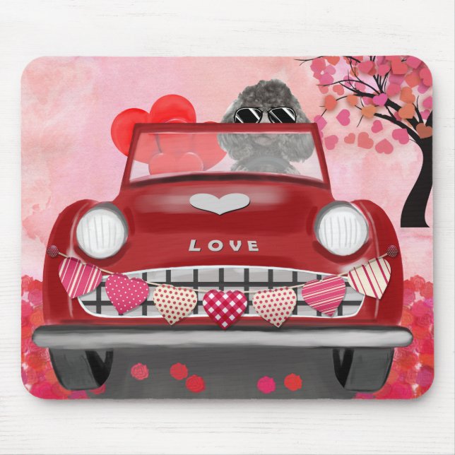 Poodle Dog Car with Hearts Valentine's Mouse Mat (Front)