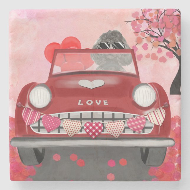 Poodle Dog Car with Hearts Valentine's  Stone Coaster (Front)