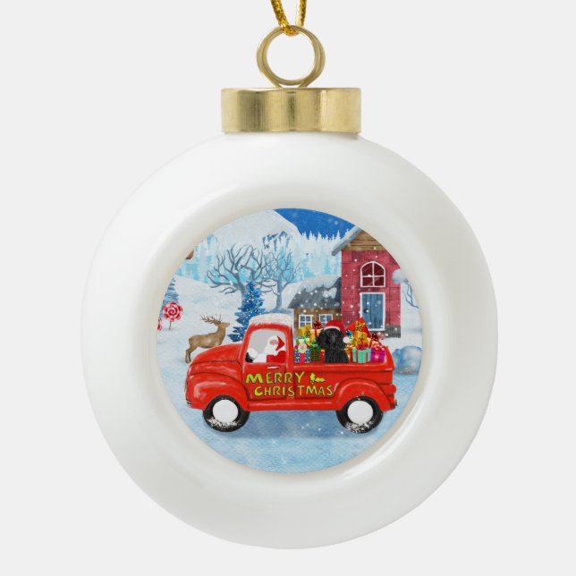 Poodle Dog Christmas Delivery Truck Snow Ceramic Ball Christmas Ornament (Front)