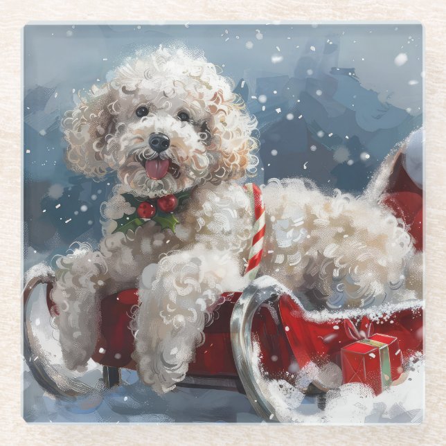 Poodle Dog Christmas Festive Glass Coaster (Front)