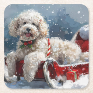 Poodle Dog Christmas Festive Square Paper Coaster