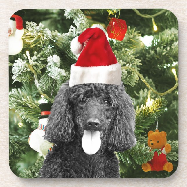 Poodle Dog Christmas Tree Snowman Red Santa Hat Coaster (Front)