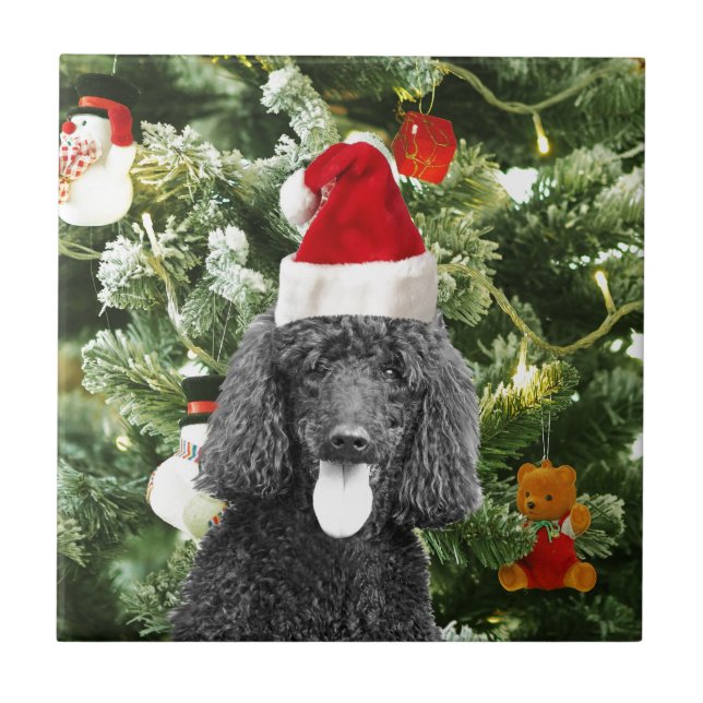 Poodle Dog Christmas Tree Snowman Red Santa Hat Tile (Front)
