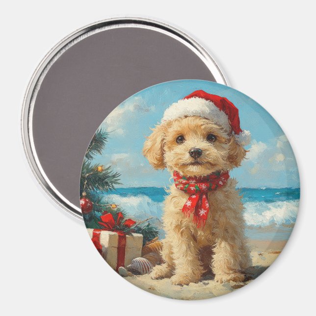 Poodle Dog Christmas Vintage Beach Magnet (Front/Back)