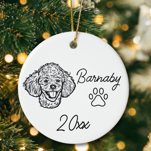 Poodle Dog Custom Name & Year Line Art Ceramic Tree Decoration (Black Poodle Dog Custom Name and Year Ornament with Paw Print. Black and White Line Art Modern)
