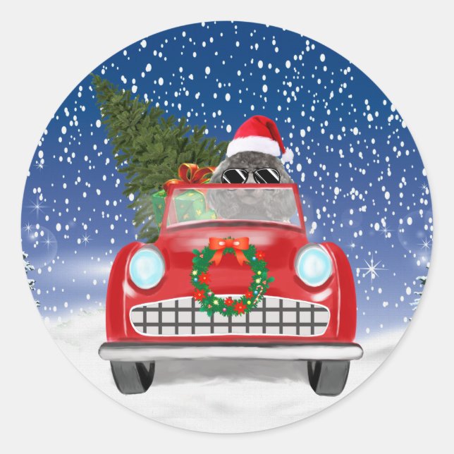 Poodle Dog Driving Car In Snow Christmas  Classic Round Sticker (Front)