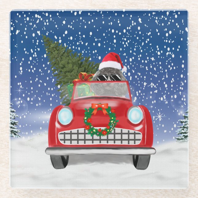 Poodle Dog Driving Car In Snow Christmas  Glass Coaster (Front)