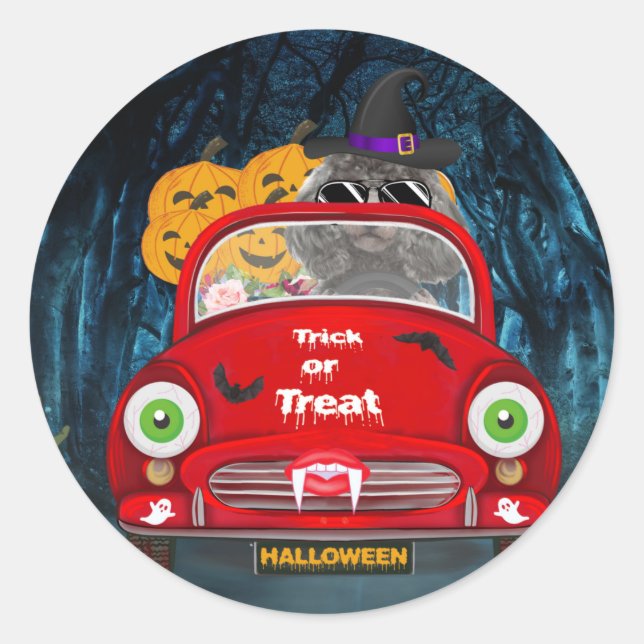 Poodle Dog Driving Car Scary Halloween Classic Round Sticker (Front)