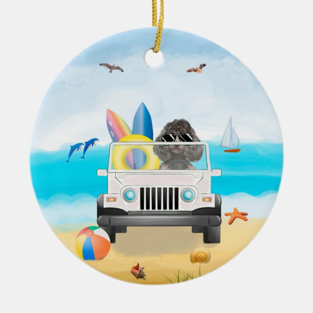 poodle dog Driving on Beach  Ceramic Tree Decoration (Front)