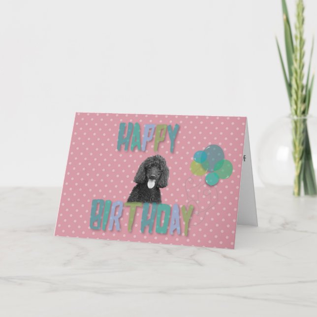 Poodle Dog Happy Birthday Pink Polka Greeting Card (Front)